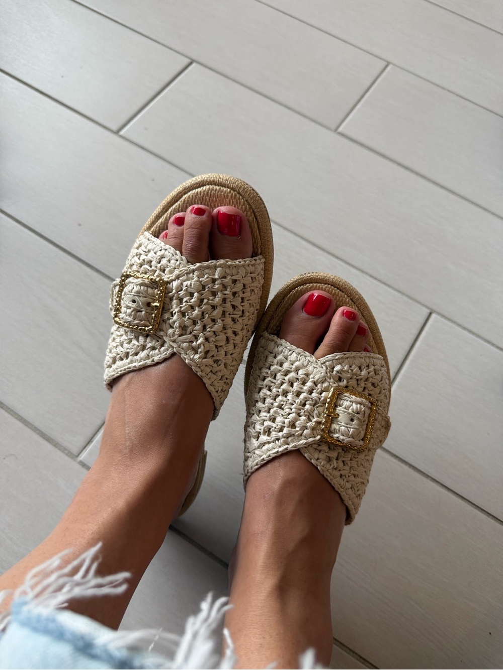 Dolce Vita Cream Woven Slide Sandals with Gold Buckle